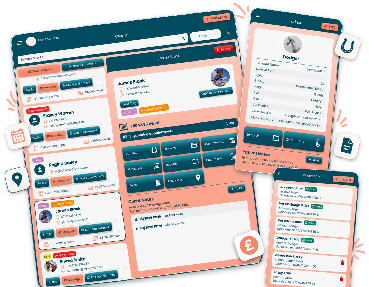 The Equigate client list on a tablet with a client profile open, an animal profile showing passport details, and a list of uploaded vet documents