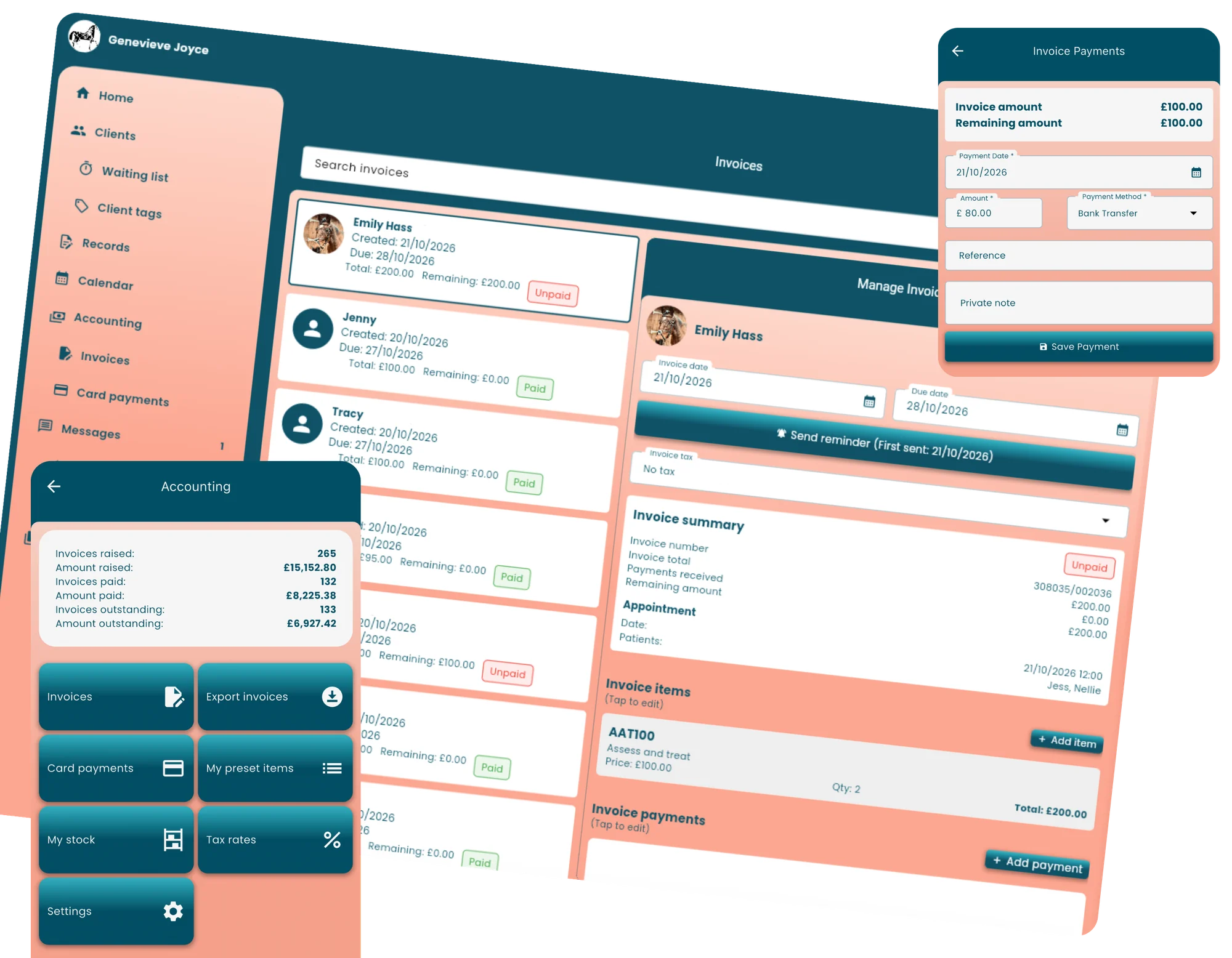 The Equigate invoice list and an open invoice in the web app, the accounting summary and a payment being recorded on a phone