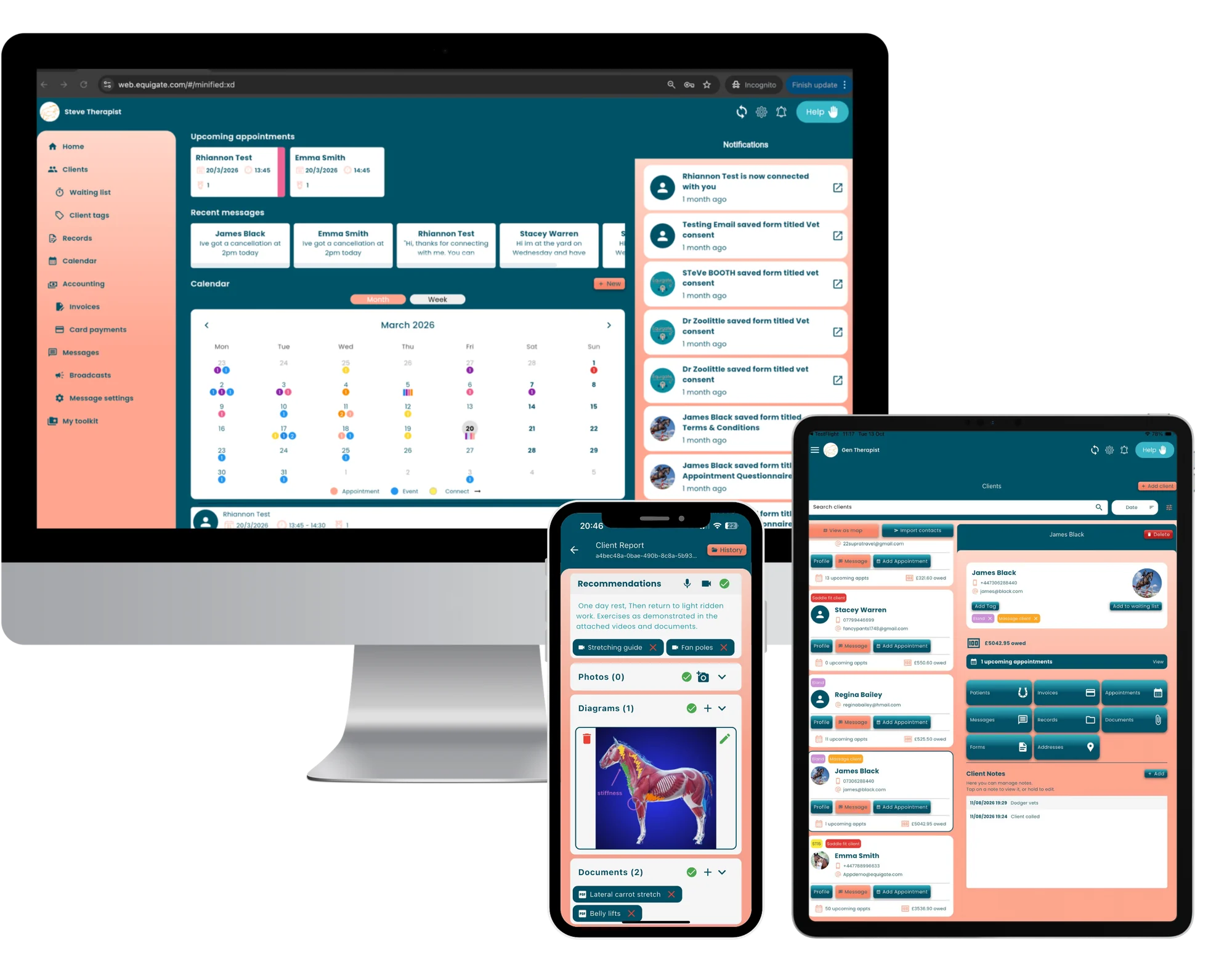 The Equigate web app dashboard on a desktop monitor, a client report on a phone and the client list on a tablet